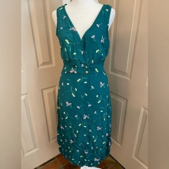 Row A teal floral double breasted gold button lined rayon midi dress size M. - Picture 1 of 9